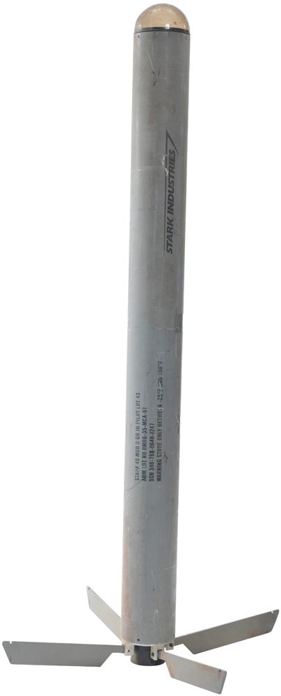 Stark Industries Laser Guided Missile: Long gray Stark industries missile with plastic dome head. Founded by Howard Stark, Stark Industries is a multi-billion dollar company that develops and manufactures advanced weapon and defense techno