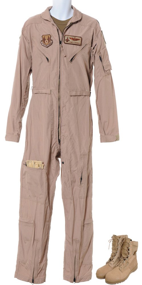 Rhodey's Flight Suit: The flight suit James Rhodes wears when he finds Tony Stark in the Afghanistan desert after Tony has crashed the Mark I Iron Man suit while escaping the Ten Rings. Production noted this hero outfit wa