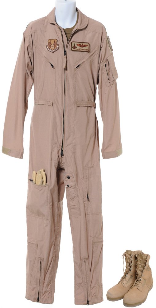 Rhodey's Flight Suit #2: The flight suit James Rhodes wears while teaching pilots at the Edward's AFB Hangar. Tony Stark is turned down by Rhodes when asked to be a part of the secret project he is developing. Production note