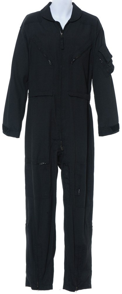 Obadiah Stane's Flight Suit: The flight suit Obadiah Stane wears when he places Tony Stark's RT into the Iron Monger suit. Production noted this hero outfit was worn by Jeff Bridges. A black poly/cotton zip front flight suit size