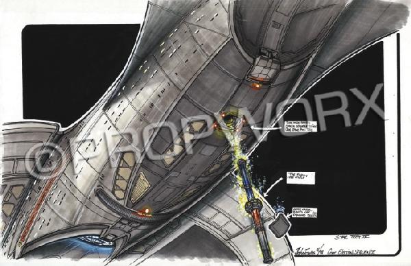 Enterprise Core Ejection Original Artwork: Original color concept artwork by John Eaves depicting the warp core ejection of the Enterprise-E created during the production of Star Trek: Insurrection. Pen and ink line art with gauche and colored