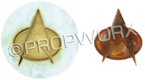 Communicator Badge and Mold: This communicator badge appeared in numerous episodes of Star Trek: The Next Generation. When a need for more arose it was then stripped of paint and used as a Master to make a new mold. This mold was