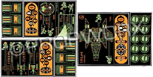 T'Lani Bridge Hero Translights: Set of three translite panels used during the production of the Star Trek: Deep Space Nine episode "Armageddon Game." These large backlit graphics are seen aboard the T'ilani cruiser bridge directly b
