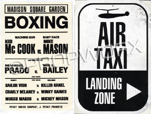 Boxing Poster and Air Taxi Landing Zone Sign: Boxing poster and "Air Taxi Landing Zone" sign used during the production of the Star Trek: Deep Space Nine episode "Past Tense." After a transporter mishap, Benjamin Sisko, Jadzia Dax, and Julian Bas