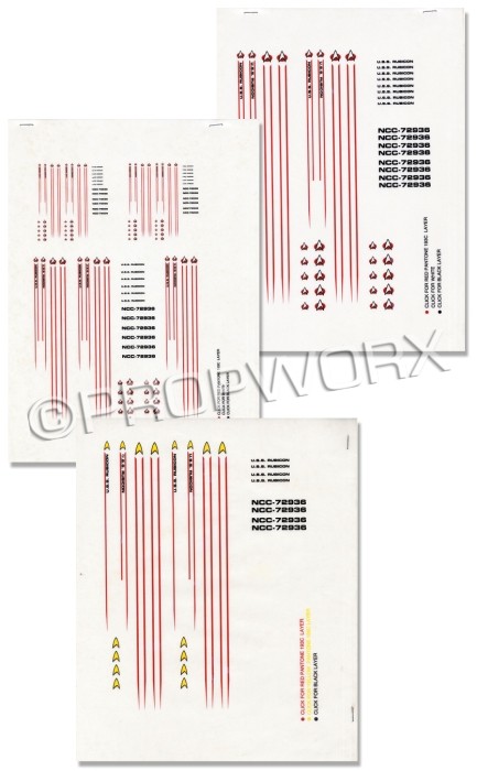 USS Rubicon Model Detailing Appliqués: Unused detailing appliques for U.S.S. Rubicon during the production of Star Trek: Deep Space Nine. Runabouts are small, warp-capable starships used by the Federation for short-range missions. The Rubi