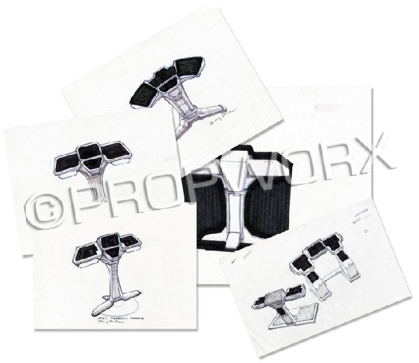 Runabout Console Conceptual Artwork: Original concept artwork by Doug Drexler spanning five pages depicting the console of the Danube-class runabout as seen in Star Trek: Deep Space Nine. This console was placed just in front of the tran