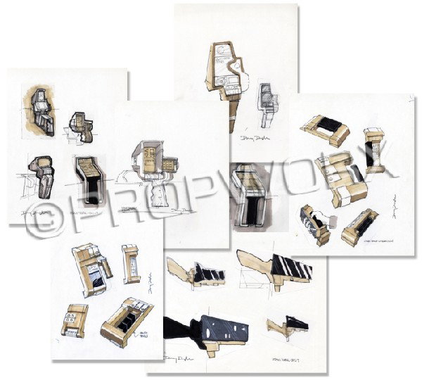 Data Transfer Device Conceptual Artwork: Original concept artwork by Doug Drexler depicting various concepts for a data transfer device as seen in Star Trek: Deep Space Nine. Drawn in blue line, pencil, pen and marker on white paper. There a