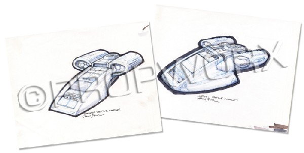 Defiant Shuttle Concept Sketches: Two original concept sketches by Doug Drexler spanning three pages depicting various concepts for the U.S.S. Defiant as seen in Star Trek: Deep Space Nine. Drawn in blue line, pencil, pen and marker o