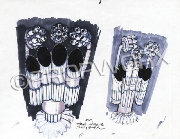 Jem'Hadar Console Sketch: Original sketch by Doug Drexler depicting two concepts for a Jem'Hadar console as seen in Star Trek: Deep Space Nine. Drawn in blue line pencil, pen and marker on white paper. Measures 8.5" x 11". Fro