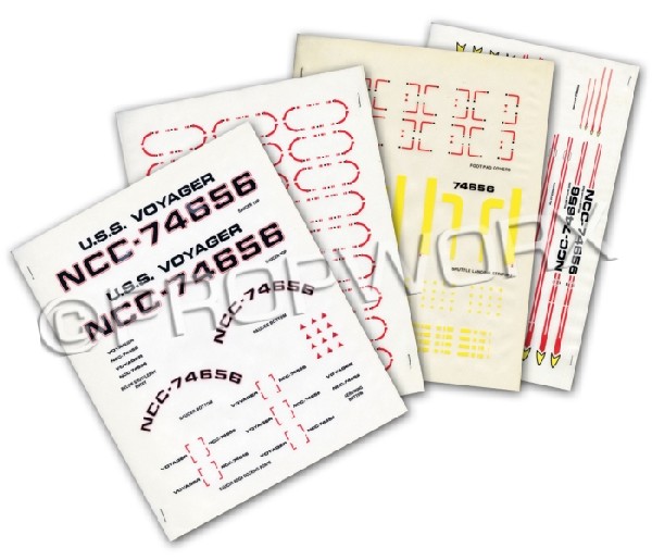 Starship Voyager Hull Marking Graphics: Four sheets of unused custom rub-on graphics, made for use as graphics on the filming model of U.S.S. Voyager as seen in Star Trek: Voyager. Contains ship's name, registry numbers, nacelle pennants, e