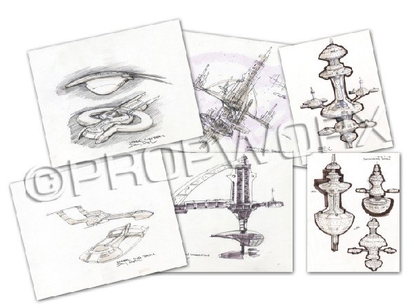 Utopia Planitia Complex and Alien Traffic Sketches: Four original sketches by Doug Drexler spanning four pages depicting a space station and proposed designs for the ships surrounding it. Produced for the Star Trek: Voyager series. Each page measures 8