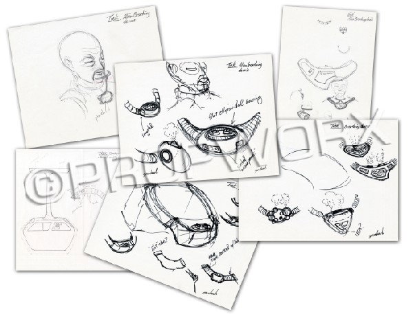 Mordok Breathing Device Original Artwork: Original concept artwork by Rick Sternbach spanning six pages depicting an alien breathing device for the character Mordok from the Star Trek: The Next Generation episode "Coming of Age." Six drawings