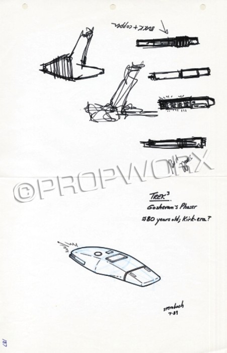 Goshevan's Phaser Original Illustration: Original concept artwork by Rick Sternbach depicting Goshevan's phaser for the third season of Star Trek: The Next Generation. A black ink over blueline pencil drawing on three hole punched white pape