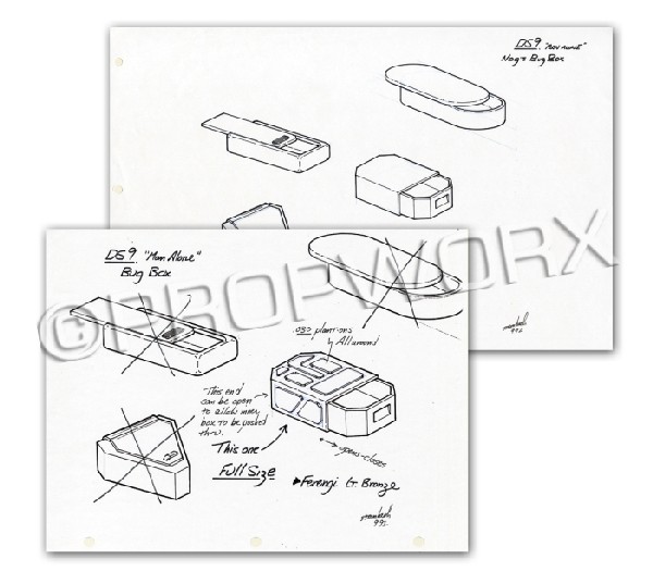Nog's Bug Box Original Illustrations: Original concept artwork by Rick Sternbach depicting multiple concept for the Nog's bug box for the Star Trek: Deep Space Nine episode "A Man Alone." Blueline pencil drawings on triple punched white p