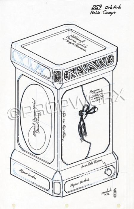 Bajoran Orb Ark Concept Original Illustration: Original concept artwork by Rick Sternbach depicting a concept for the Bajoran Orb ark for Star Trek: Deep Space Nine. Black ink over blueline pencil drawing on triple punched white paper. Signed and 