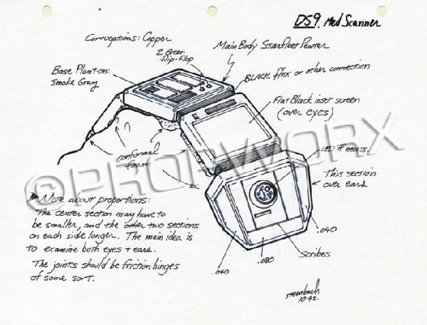 Medical Scanner Original Illustration: Original concept artwork by Rick Sternbach depicting a medical scanner for the Star Trek: Deep Space Nine series. Black ink over blueline pencil drawings on triple punched white paper. Signed and date