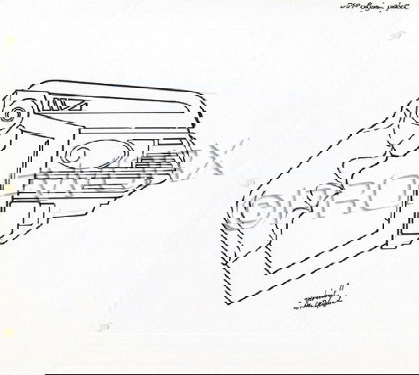 Bajoran Phaser Original Illustration: Original concept artwork by Rick Sternbach depicting the final form of the iconic Bajoran phaser used throughout the production of Star Trek: Deep Space Nine. Black ink over blueline pencil drawing on