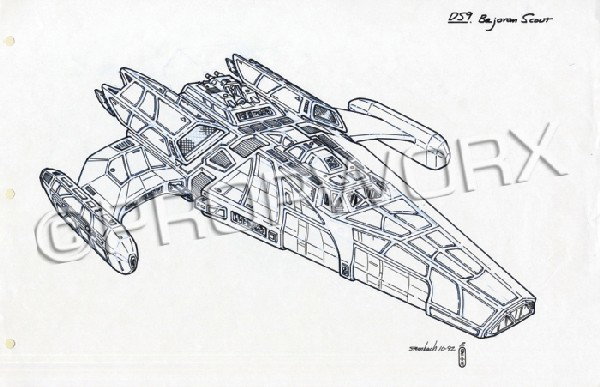 Bajoran Scout Ship Original Illustration: Original concept artwork by Rick Sternbach depicting the Bajoran scout ship for Star Trek: Deep Space Nine. Black ink over blueline pencil drawing on triple punched white paper. Signed and dated by th