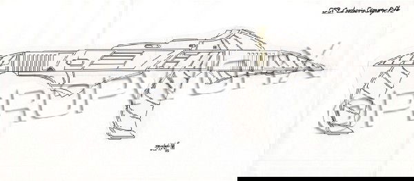 Cardassian Rifle Original Artwork: Original concept artwork by Rick Sternbach depicting the Cardassian rifle from Star Trek: Deep Space Nine. Black ink over blueline pencil drawings on white paper and artwork comprised of some copied m