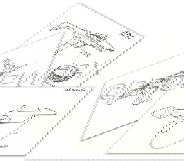 Jem'hadar Rifle and Collar Original Illustrations: Original concept artwork by Rick Sternbach depicting the Jem'Hadar rifle and collar for the Star Trek: Deep Space Nine episode "The Dominion." Black ink over blueline pencil drawings on white paper. E