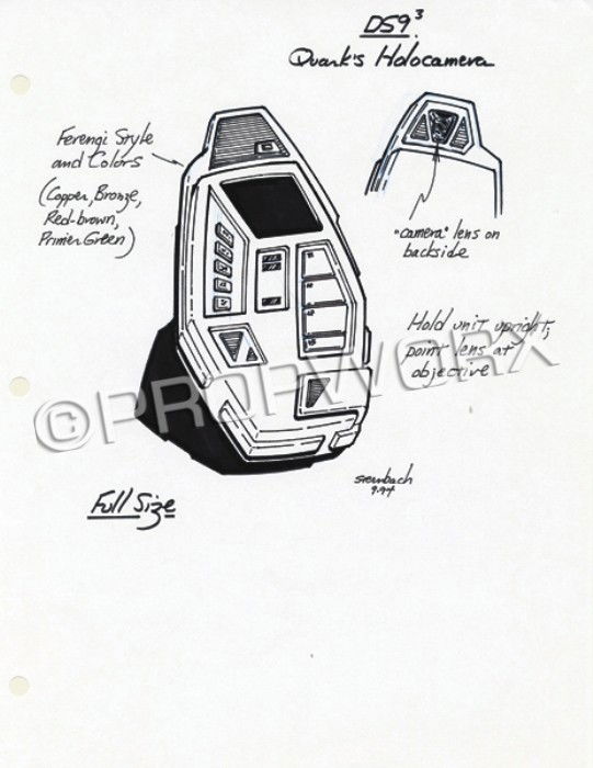 Quark Camera Original Illustration: Original concept artwork by Rick Sternbach depicting Quark's holocamera for the Star Trek: Deep Space Nine series. Black ink over blueline pencil drawing on three hole punched white paper. Signed and