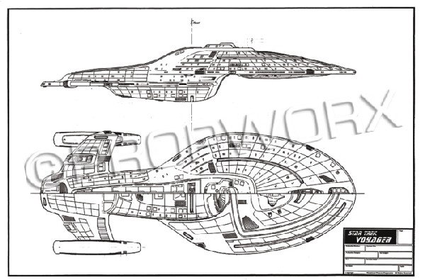 Voyager First Attempt Original Illustration: Original large format concept artwork by Rick Sternbach depicting the first attempt at designing the final version of the starship Voyager for the Star Trek: Voyager series. Pencil drawing on vellum o