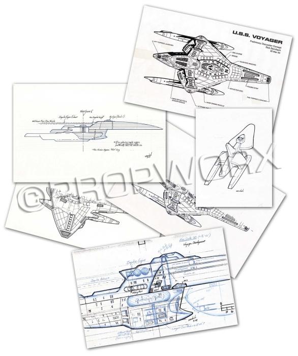 Starship Voyager Development Original Illustration: Original concept artwork by Rick Sternbach spanning six pages depicting three versions of the Starship Voyager for the Star Trek: Voyager series. Blueline pencil drawings on white paper signed by the 