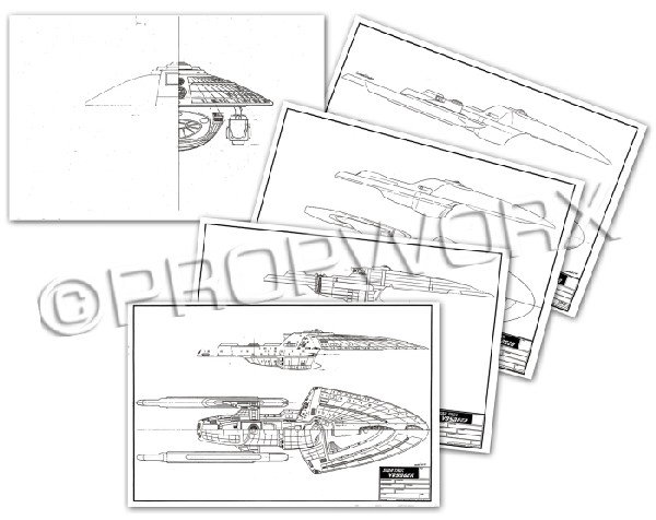 Voyager Development: Original large format artwork by Rick Sternbach spanning five pages depicting various concepts for the Voyager ship as seen in the Star Trek: Voyager series. Pencil drawings on vellum, two of the five