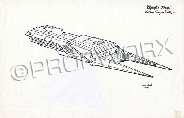 Vidiian Weapon Original Illustration: Original concept artwork by Rick Sternbach depicting the Vidiian transport weapon for the first season Star Trek: Voyager episode "The Phage." Black ink over blueline pencil drawing on triple punched 