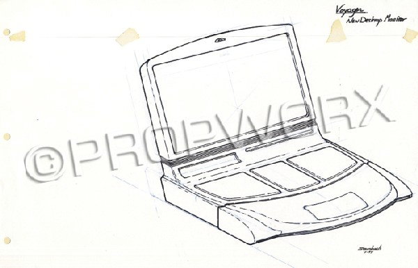 Desktop Monitor Original Illustration: Original concept artwork by Rick Sternbach depicting the new desktop monitor for the Star Trek: Voyager series. Black ink and blueline pencil drawing on triple punched white paper signed and dated by 