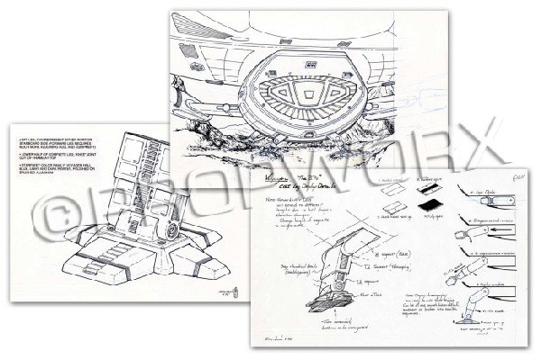 Voyager Footpad Development Original Illustrations: Original concept artwork by Rick Sternbach depicting Voyager landing gear deployment concepts for the for the Star Trek: Voyager episode "The 37's." Black ink over blueline pencil drawings on white pa