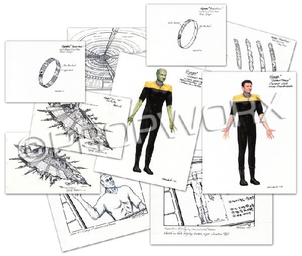 "Distant Origin" Original Illustrations: Original concept artwork by Rick Sternbach spanning ten pages depicting concepts for the Voth City ship, cloaking device and CGI Voth human reconstruction for the Star Trek: Voyager episode "Distant O