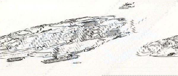 Advanced Shuttle Original Illustration: Original concept artwork by Rick Sternbach depicting the advanced shuttle for the Star Trek: Voyager series. Black ink over blueline pencil drawing signed and dated by the artist. Both measures 25" x