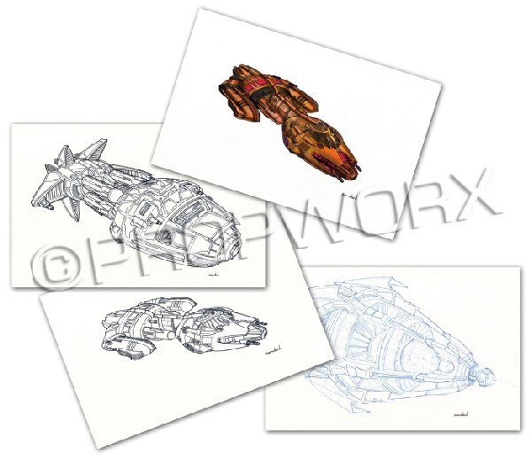 Krenim Warships Small Original Illustration: Original concept artwork by Rick Sternbach depicting the large and small Krenim ships and the temporal weapon. Created for the Star Trek: Voyager two-part episode "Year of Hell." Black ink over blueli