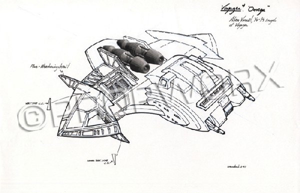 Alien Ship Original Illustration: Original concept artwork by Rick Sternbach depicting the alien vessel for the Star Trek: Voyager episode "Omega." Black ink over blueline pencil drawing on white paper. The engine pods section on the 