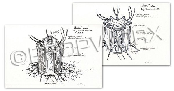 Borg Maturation Chamber Original Illustrations: Original concept artwork by Rick Sternbach depicting the Borg maturation chamber for the Star Trek: Voyager episode "Drone." Black ink over blueline pencil drawings on white paper. The first sheet is 
