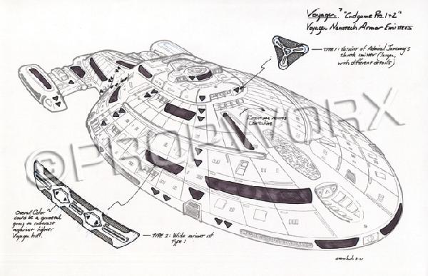 Voyager Nanotech Armor Original Artwork: Original concept artwork by Rick Sternbach depicting the Voyager nanotech armor emitters for the Star Trek: Voyager series finale "Endgame." A copy on white paper of the Voyager ship with black ink, m