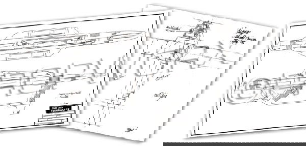 Type IV Compression Phaser Rifle: Original large format artwork by Rick Sternbach spanning two pages for constructing the compression rifle for the Star Trek: Voyager series. Pencil drawings on vellum and paper. Both are signed and da