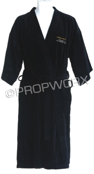 Black U.S.S. Voyager Terry Bathrobe: Black bathrobe with "U.S.S. Voyager Property of Holodeck Resort" embroidered on front. Cast and crew gift for the members of the Star Trek: Voyager production crew. Terrycloth made by "Terry Town." It