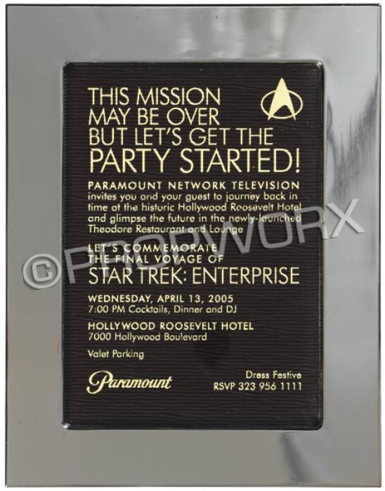 Star Trek: Enterprise Invitation to Series Wrap Pa: Chrome-finish picture frame displaying an embossed invitation from Paramount Network Television to attend the wrap party for the final season of Star Trek: Enterprise held at the Hollywood Roosevelt H