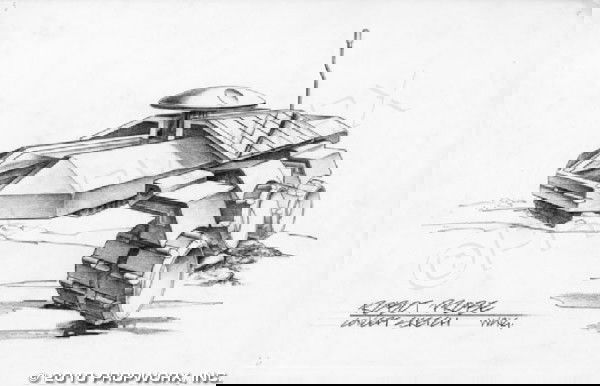 MALP Concept Drawing: Production Description: Concept art sketch by Michael Wong depicting a robot probe for Stargate SG-1. This was a similar design to the F.R.E.D. which ultimately appeared on screen in the pilot episode