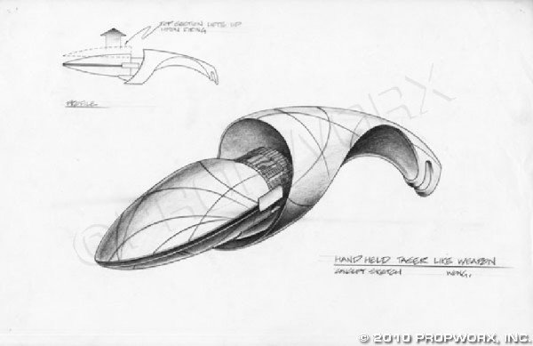 Early Zat'ni'katel Concept Art: Production Description: An original concept art sketch by Michael Wong, depicting a compact version of a Goa'uld Staff weapon into a pistol design. This design never appeared on screen, but may have b