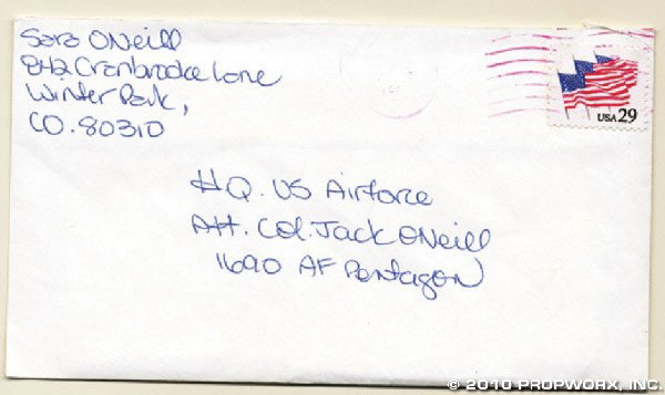 O'Neill's Letter From Sara: Production Description: Letter written by Sara O'Neill to Jack O'Neill while he was stationed at the Pentagon in Washington DC during their marriage. Sheet of paper inside the envelope has been left b