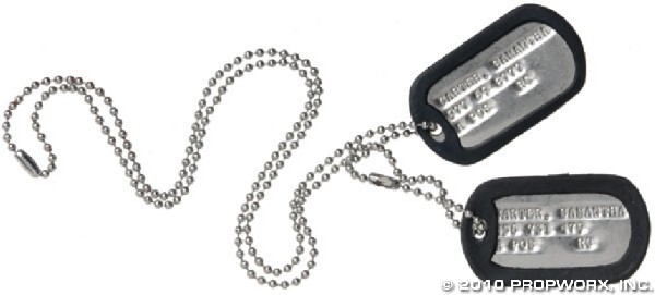 Carter's Dog Tags: Production Description: Dog tags worn by actress Amanda Tapping as "Samantha Carter" in Stargate SG-1. The tags identify Carter as being Roman Catholic and having A positive blood. Technical Descripti