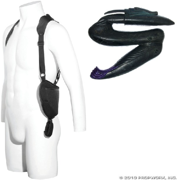 Zat Gun with Human Shoulder Holster: Production Description: Zat gun used by both Jaffa and humans in the production of Stargate SG-1. Zat'ni'katels were introduced in the SG-1 Season One finale, "Within the Serpent's Grasp," as a less-p