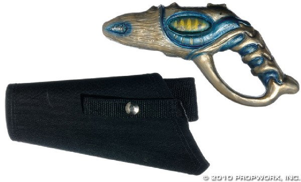 Wraith Stunner Pistol with Human Holster: Production Description: Stunt pistol used by both Wraith and humans in the production of Stargate Atlantis. As a stunt weapon, this pistol is a soft foam rubber version of the standard pistol, but is 