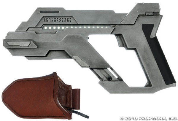 Replicator Stunner and Holster - Hero: Production Description: Asuran Replicator pistol used in the production of Stargate Atlantis Seasons Three and Four. Nicknamed the "staple pistol" by Stargate productions, this beautiful prop features