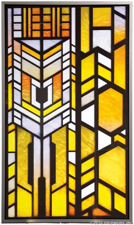 Atlantis Gate Room Stained Glass: Production Description: A faux stained glass panel from the Atlantis control tower window opposite the balcony side, seen throughout the five seasons of Stargate Atlantis. Technical Description: Produ