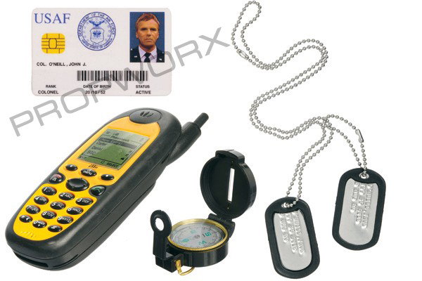 O'Neill's Dog Tags, Compass, Phone and ID card: A collection of personal items from Jack O'Neill in Stargate SG-1, including his dog tags, compass, phone and ID card. O'Neill served as the team leader of the first mission to Abydos, then later beca