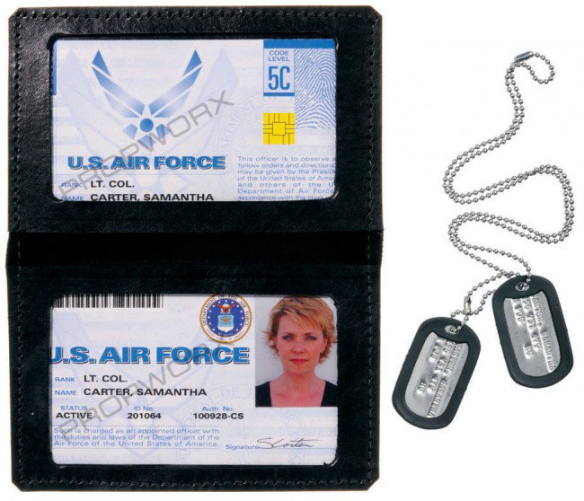 Carter's ID Badge and Dog Tags: Air Force ID badge and dog tags worn by actress Amanda Tapping as "Samantha Carter" in the production of Stargate SG-1. A valuable member of the SG-1 team, Sam worked on the Stargate project two years